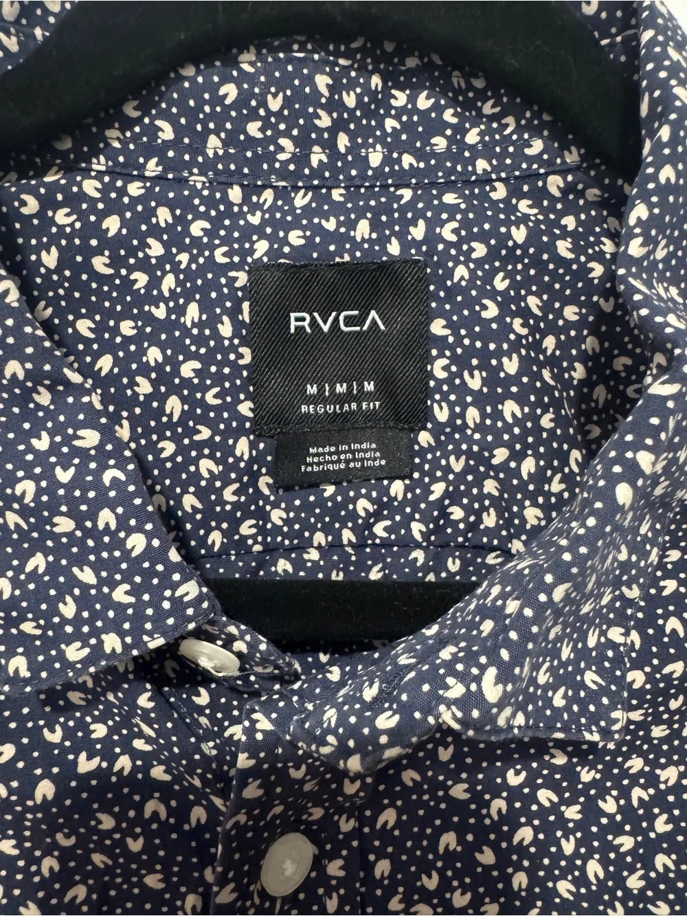 RVCA Navy Abstract Print Short Sleeve Button-Up Shirt | Regular Fit | Size Mediu